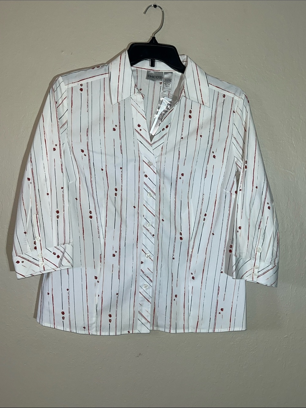 NWT Chico's White Button-Front Shirt with Red/Black Stripe & Lady Bug Pattern